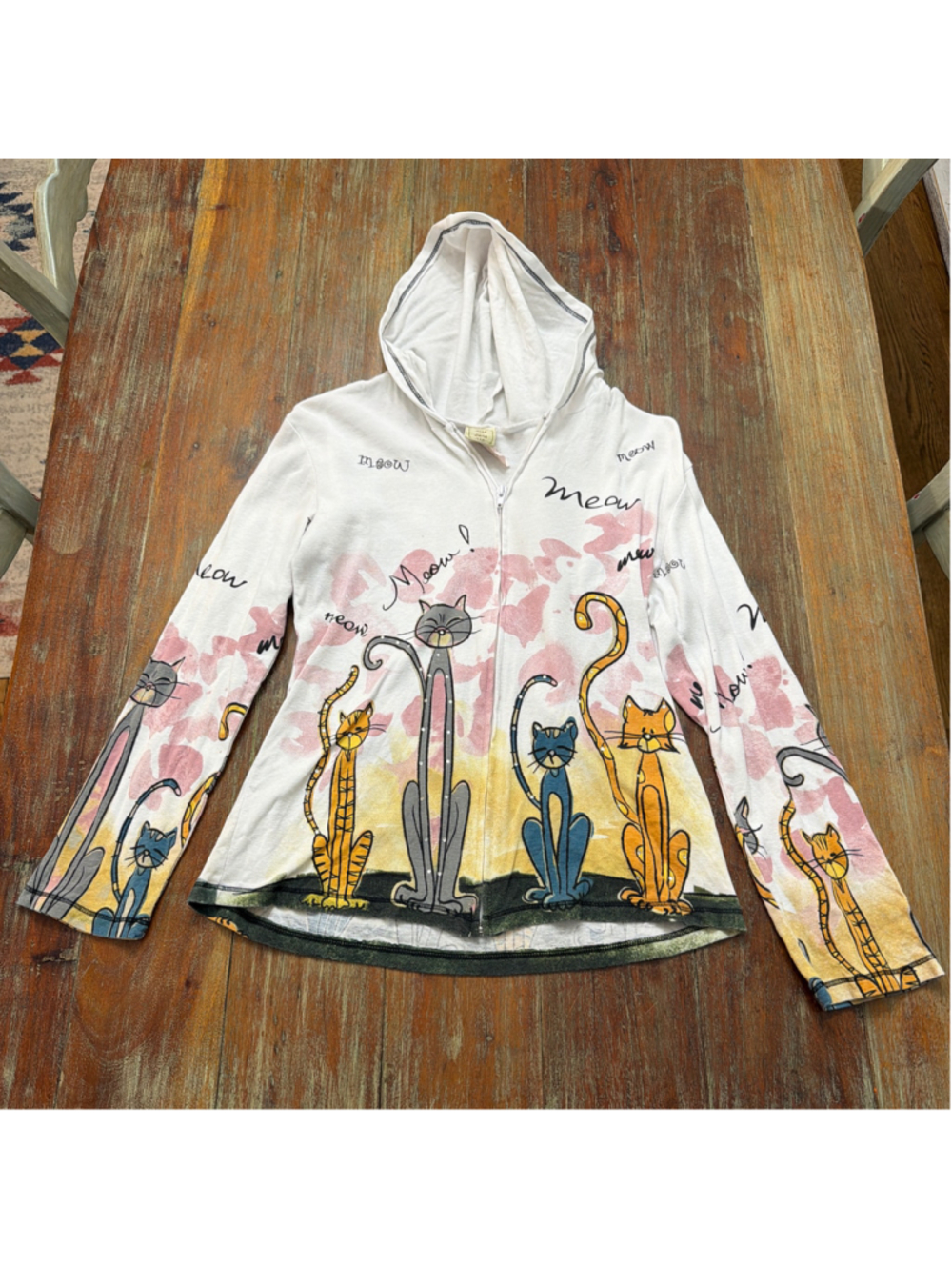 Jess & Jane Meow Meow Graphic Zip Hoodie Small White Cat Print Lightweight USA